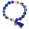 Blauwe boze oog kralenarmband met gouden Hamsa Hand hanger en donkerblauwe kwast - Kc Goud Blauw 1428