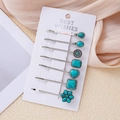 Set di 7 fermagli per capelli boho con turchese e base in metallo argentato vintage - Stile turchese verde ciano / Argento
