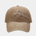 Close-up of brown washed cotton baseball cap featuring minimalist white mountain embroidery - Adjustable / Khaki