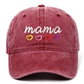 Detail of mama embroidery and colorful heart outlines on washed burgundy baseball cap - One Size / Burgundy
