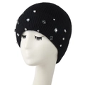 Winter black knit beanie for women with sparkling geometric crystal rhinestones - Black