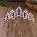 Detail showing purple crystal rhinestones on luxury baroque golden crown for weddings - Gold + Dark Purple Rhinestone