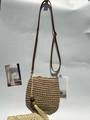 Brown woven straw bucket bag with faux leather shoulder strap and wooden bead tassel - Khaki With Pendant