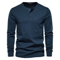 Close-up of deep blue Henley shirt featuring a three-button placket and soft cotton texture - Sapphire Blue