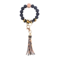 Black silicone bead wristlet keychain with sunflower tassel and wooden bead detail - Sunflower