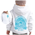 White kids hoodie featuring blue surfing graphic print and Chasing Sunsets theme - White/Light Blue Print / 100cm