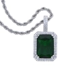 Hip hop style silver necklace with green rectangular pendant and shimmering stones - 60cm Chain / Green