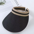 UPF50+ women's sun visor featuring black straw brim and khaki striped elastic band - Rainbow Raffia Straw Style / Black