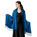 Detailed view of luxury navy blue jacquard shawl with long fringes and floral texture - Dark Blue (T003-22)