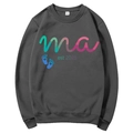 Dark grey Mama Est 2025 hoodie featuring colorful ma art and blue footprint design - Dark Gray