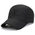 Black mesh quick-dry baseball cap featuring V embroidery and sport cap text detail - Black with Black Embroidery