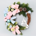 Christmas wreath with natural twigs, pine cones, and blue and pink ribbon accents - 40cm Pink Lady Wreath