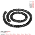 Polished black 12mm Cuban chain jewelry set including a necklace and matching bracelet - 12mm Wide x 21cm Long Bracelet / Black