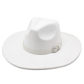Detailed view of white wide-brim fedora hat with elegant leather buckle band decoration - M(56-59CM) / White (Suede)