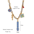 Detail view of gold stainless steel necklace showing dimensions 45mm x 10mm and 38+5cm chain - Blue Necklace (Style 2)