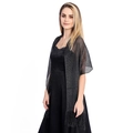Elegant black evening shawl with metallic shimmer and long fringe trim for formal dresses - Black + Silver Wire