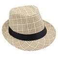 Close-up of dual-tone checkered straw fedora featuring a classic black satin ribbon band - Camel