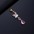 Pink and white zirconia butterfly belly button ring with gold plating and teardrop charms - Pink Zircon Teardrop Gold