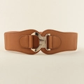 Detailed view of wide brown elastic belt with minimalist gold geometric metal buckle - Tan