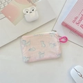 Detailed flat lay of pink canvas pouch with blue cat print and zipper for earbuds - Printed Cat Pink