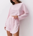 Women's light pink two-piece loungewear set with eyelet embroidery and high-waist shorts - S / Pink