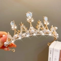 Sparkling gold crown headband with crystal teardrops and white pearls for girls - Gold Large Stone Pearl