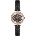 Rose gold watch with rhinestone bezel and black quilted leather strap for women - Leather/Stainless Steel/Alloy / Rose Gold Case Black Dial Black Leather