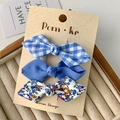 3-piece set of girls' bow hair clips with blue plaid, solid color, and floral fabric patterns - Blue Series