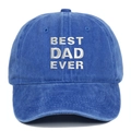 Dettaglio del ricamo Best Dad Ever sul berretto da baseball in cotone blu lavato vintage - Regolabile / Blu zaffiro