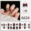 Cute brown cartoon bear press-on nails short round fake nail set with paw prints - Chestnut Brown Bear Pattern (A634 Glue Style)