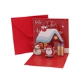 3D pop-up Christmas card set with Santa scene and matching red envelope gift - Red Snow House (H1-01)