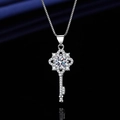 Elegant silver key pendant necklace with shimmering white stones and floral crown design - Xl-154 [comes With Box And Chain]