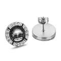 Silver round stud earrings featuring a black vintage cameo and white crystal halo - Rhinestone Black Vintage Relief Style (KE62427-K)