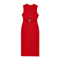 Abito midi rosso smanicato con cintura e bottoni decorativi su sfondo bianco - S / Rosso