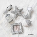 Set di decorazioni natalizie argento glitterato con uccelli e stelle su peluche bianco - Forme Uniche Argento 6 Pezzi