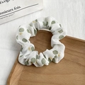 Floral chiffon scrunchie with green polka dots on white fabric over a wooden tray - 18# White Green Yellow Polka Dot