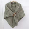 Knitted grey-green triangle shawl with brown leather buckle and coarse weave texture - Triangle Style / Gray