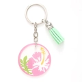 Llavero de acrílico con hibisco rosa, borla verde menta y anillo de metal plateado - Patrón de Hibisco Rosa (20469)