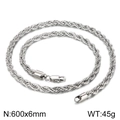 Silver stainless steel twisted rope chain necklace with secure lobster clasp finish - Steel 600x6mm