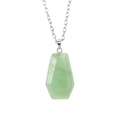 Detail of faceted green aventurine coffin-shaped pendant on a silver-tone chain necklace - Green Aventurine