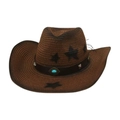 Chapeau de cow-boy en paille marron avec motif étoile et détail pierre turquoise - Taille unique / Café avec Corde à Vent (Turquoise Losange)