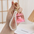 Pink cartoon pig acrylic quicksand keychain with pearl chain and liquid glitter - Chain Style-Glitter Bathtub