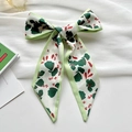 Green floral silk hair scarf with leaf pattern and contrasting light green edges - Green Pointed Fan Leaf