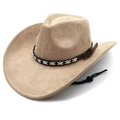 Detail of beige suede cowboy hat showing wide brim, brown braided band, and chin strap - M / Camel