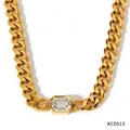 Golden Cuban link necklace featuring an emerald-cut clear zircon pendant in bezel setting - Gold White Rhinestone Cuban Chain Necklace (KCD513)