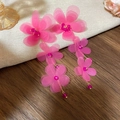 Detail view of pink mesh flower tassel earrings on a textured wooden background. - Rose Pink Mesh Floral Style (37#银针) / Deep Pink