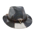 Chapeau fedora en denim patchwork pour enfants avec bande ethnique et crâne de taureau - Taille Enfant (Pincé sur le dessus) / Noir