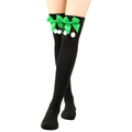 Close-up of black Christmas over-knee socks with green satin bow and white fluffy pom-poms - One Size / Green Bowknot With White Pompom / Black