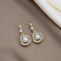 Elegant gold drop pearl earrings with micro-pave cubic zirconia and French luxury style - Gold Tassel Pearl Style (E4402)