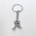 Close-up of silver metal letter A keychain with high-gloss finish on white background - Letter A / Silver